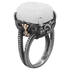 Silver and Gold Ring with Diamonds and Floral Carved White Moonstone Stambolian