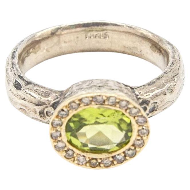 Silver and Gold Ring with Diamonds and Peridot
