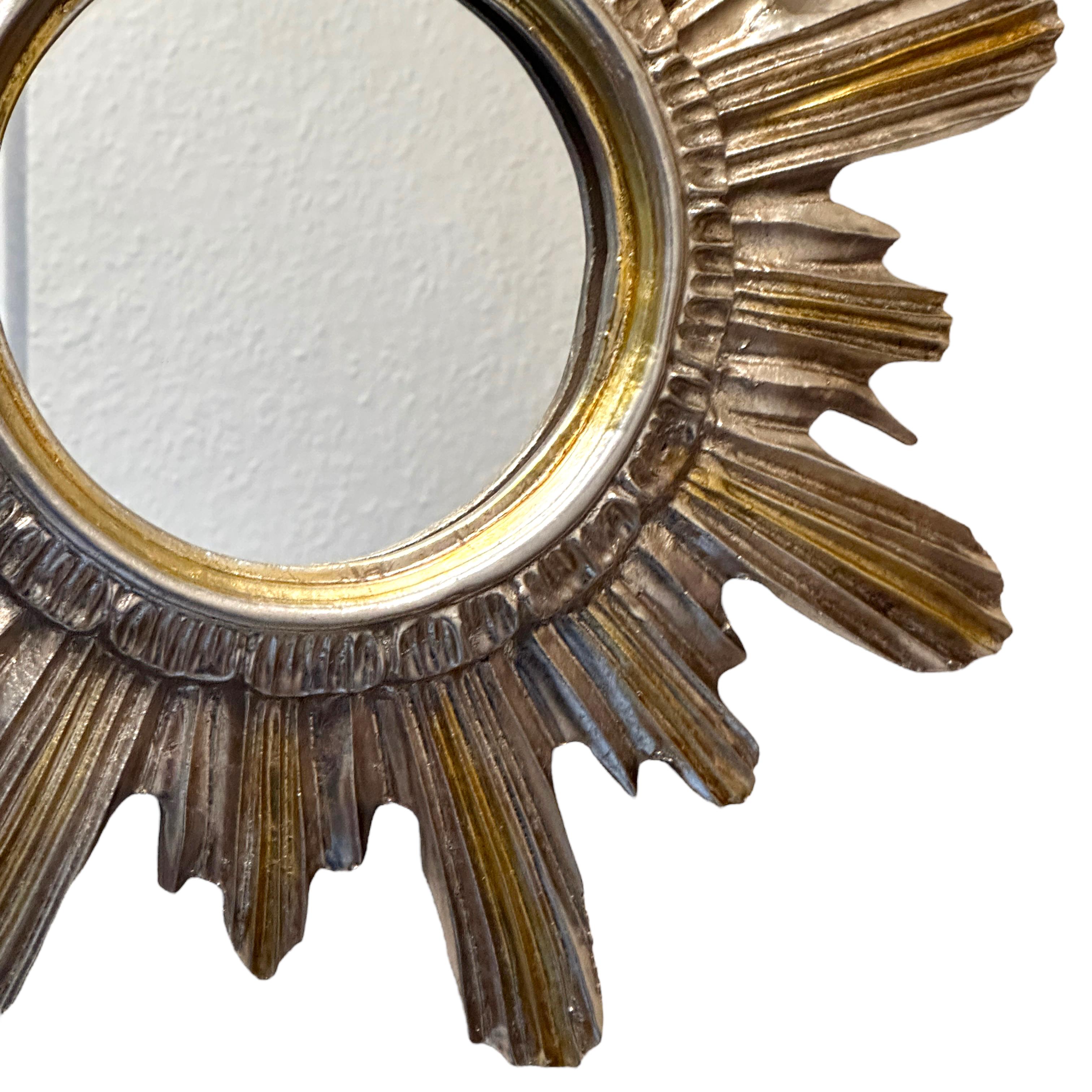 Silber und Gold Sunburst Starburst Spiegel Wood Stucco, Italien, um 1960 (Hollywood Regency)
