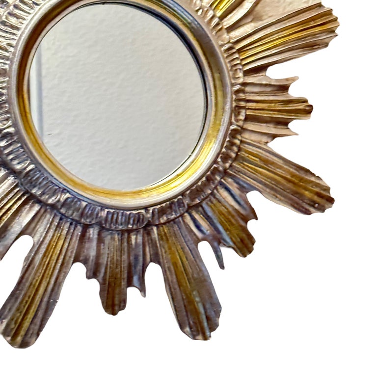 Hollywood Regency Silver and Gold Sunburst Starburst Mirror Wood Stucco, Italy, circa 1960s For Sale