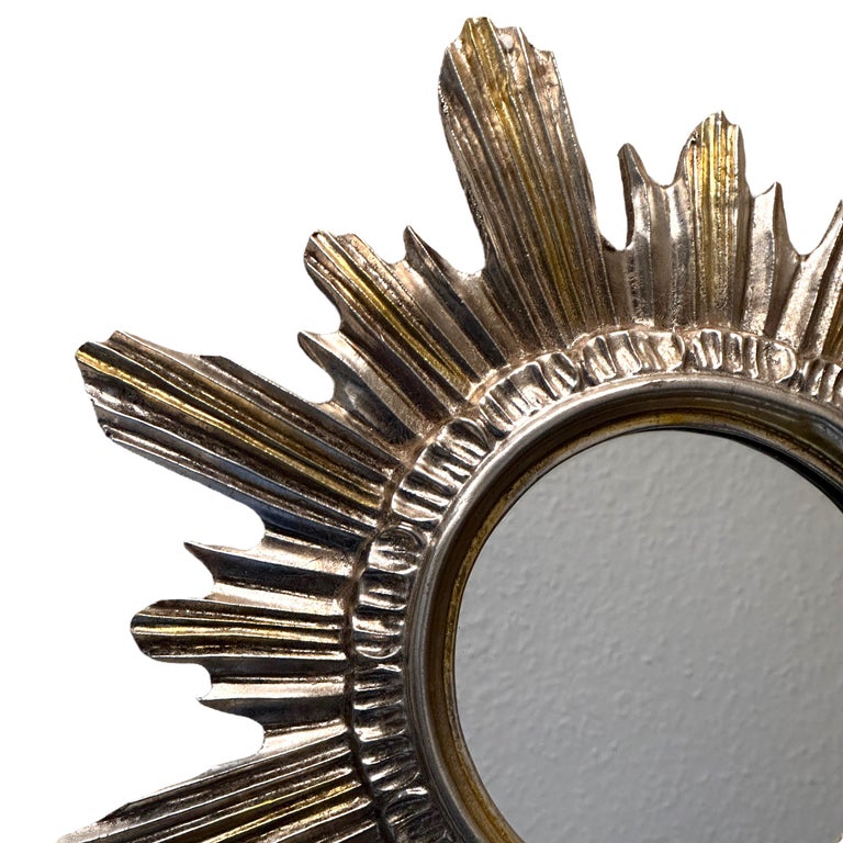 Silver and Gold Sunburst Starburst Mirror Wood Stucco, Italy, circa 1960s In Good Condition For Sale In Nuernberg, DE