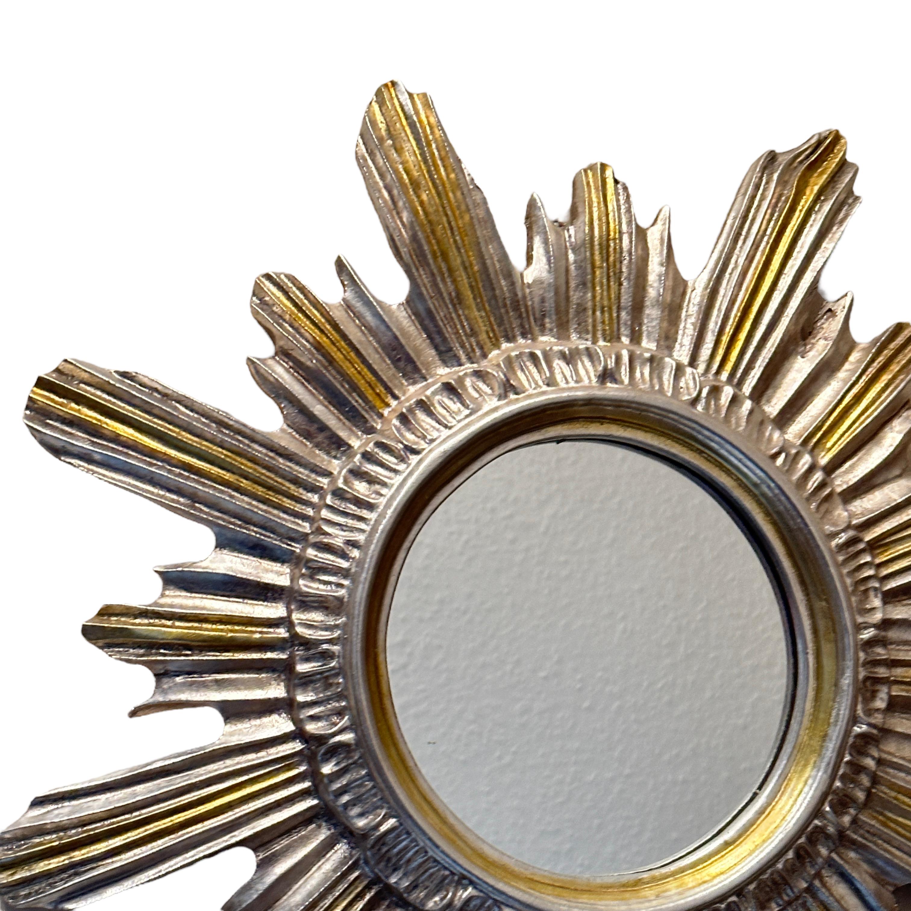 Silver and Gold Sunburst Starburst Mirror Wood Stucco, Italy, circa 1960s In Good Condition For Sale In Nuernberg, DE