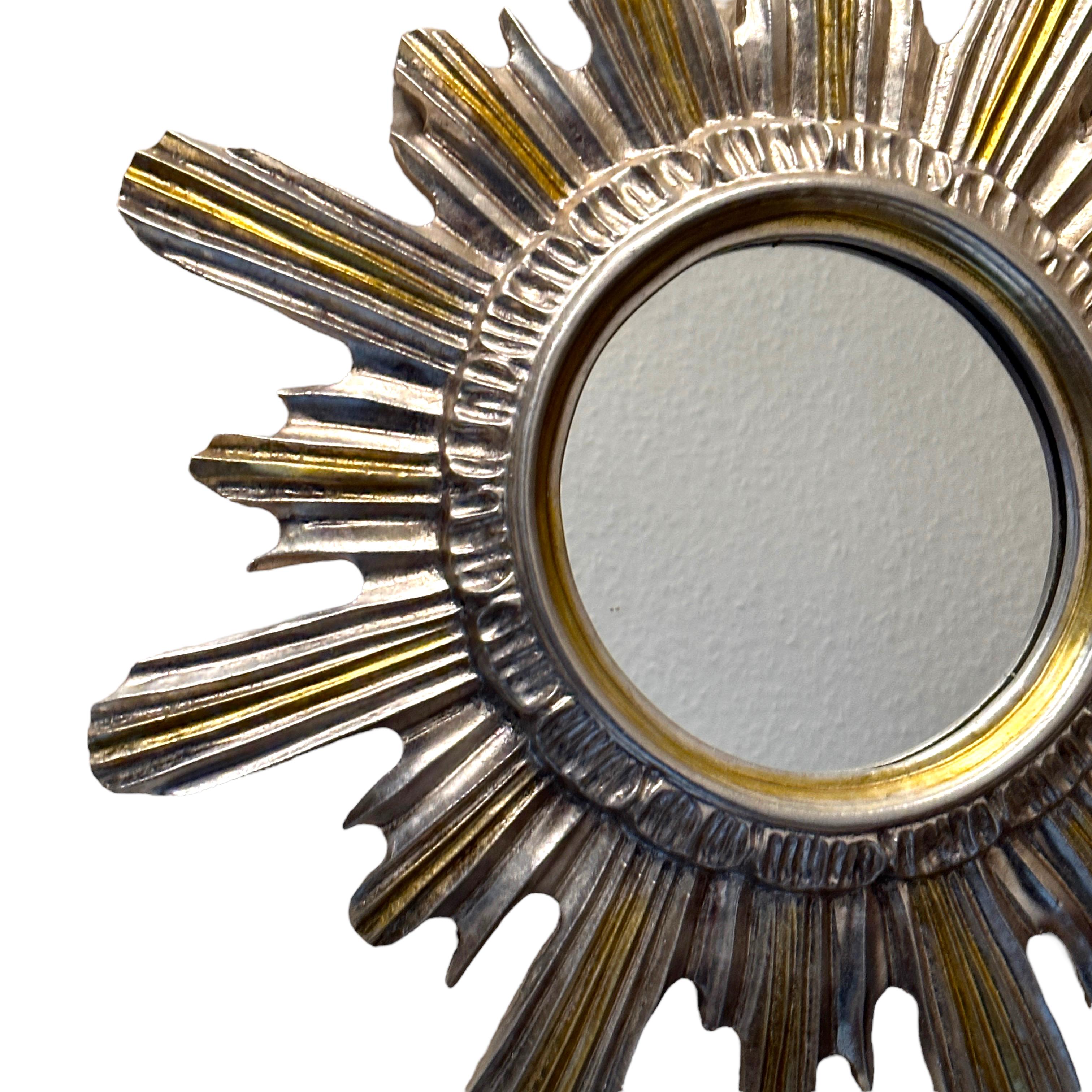 Mid-20th Century Silver and Gold Sunburst Starburst Mirror Wood Stucco, Italy, circa 1960s For Sale