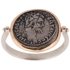 Silver and Gold Swivel Ring Set with a Roman Coin