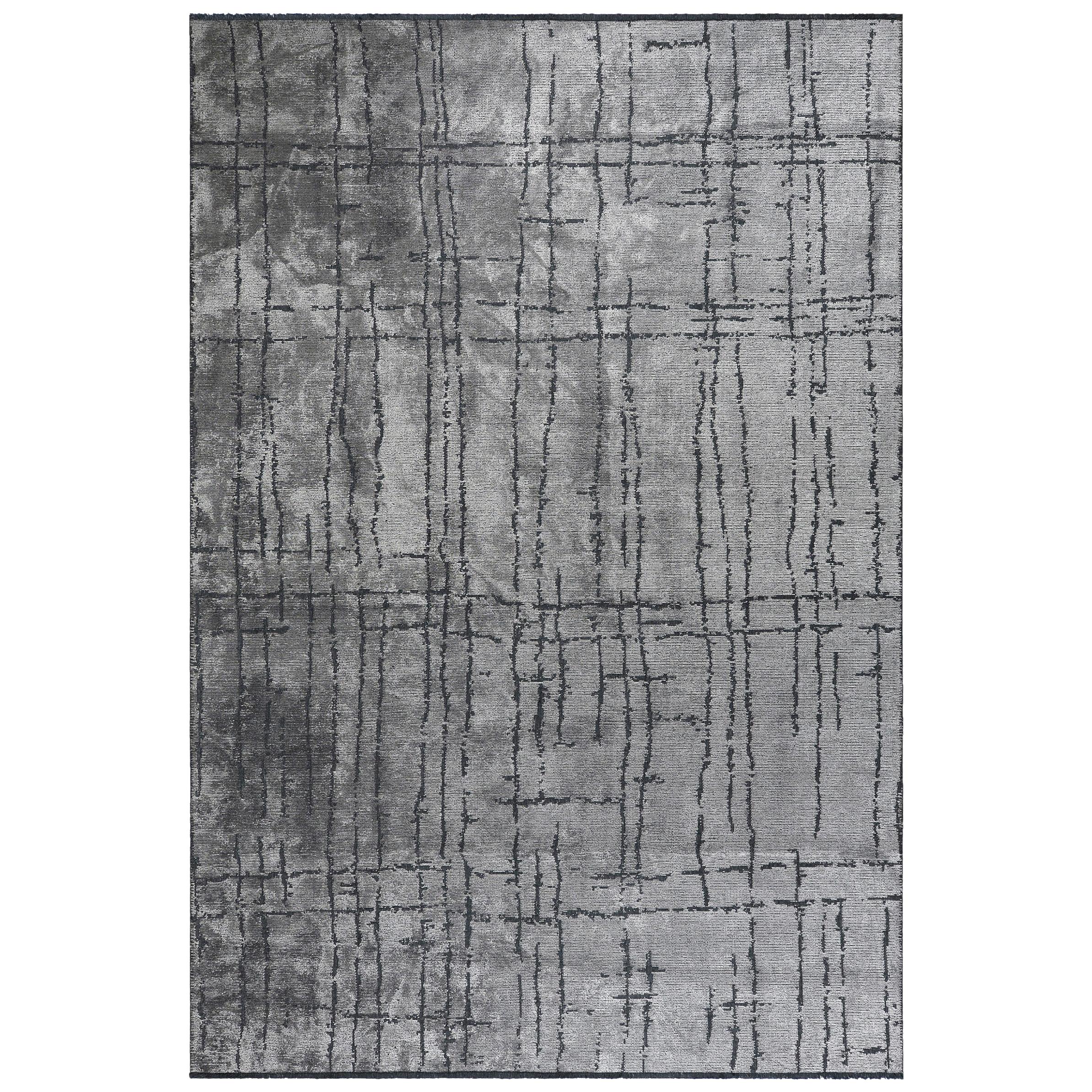 Tapis semi-peluche de luxe à motif abstrait contemporain, argenté et gris