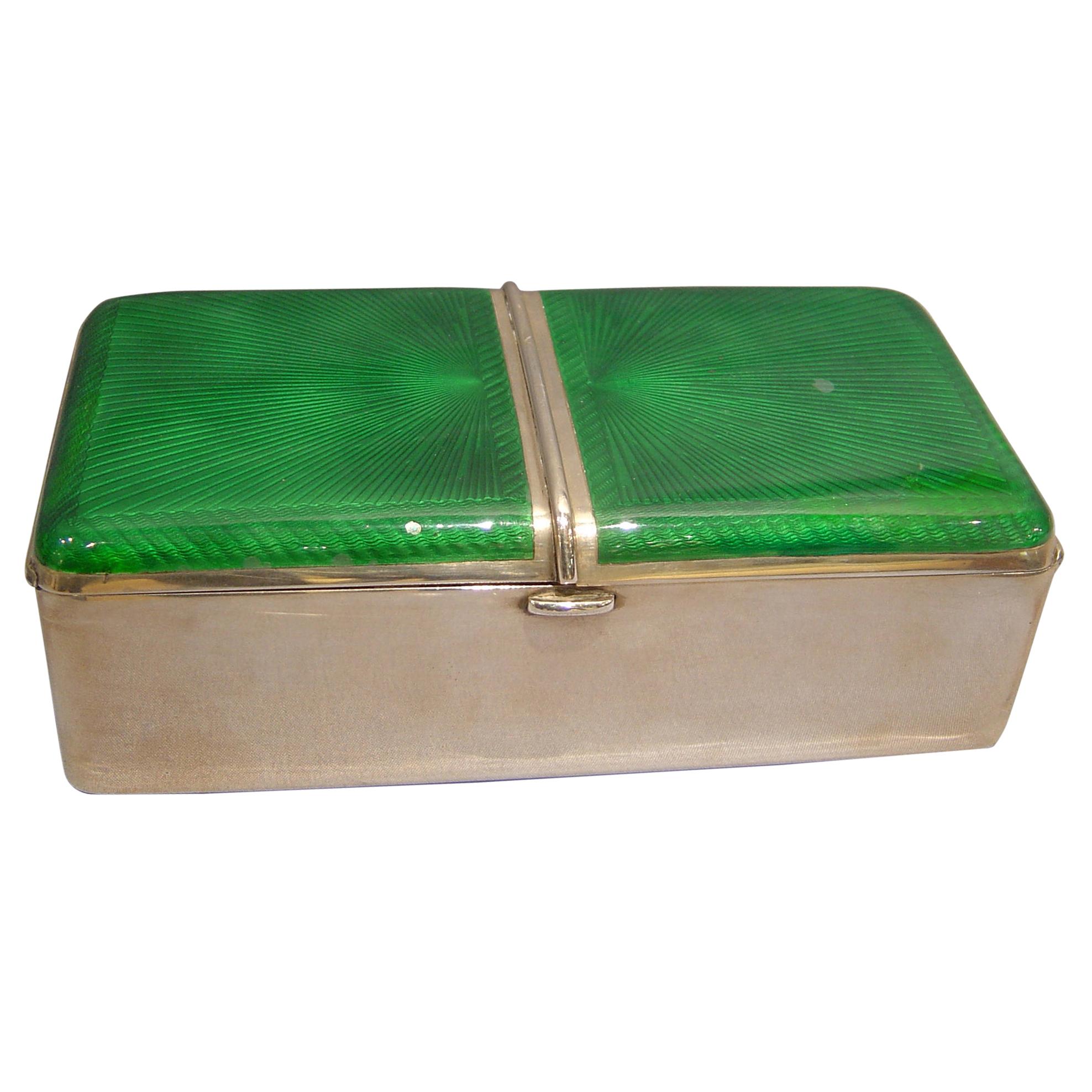 Silver and Green Guilloche Enamel Cigarette Box