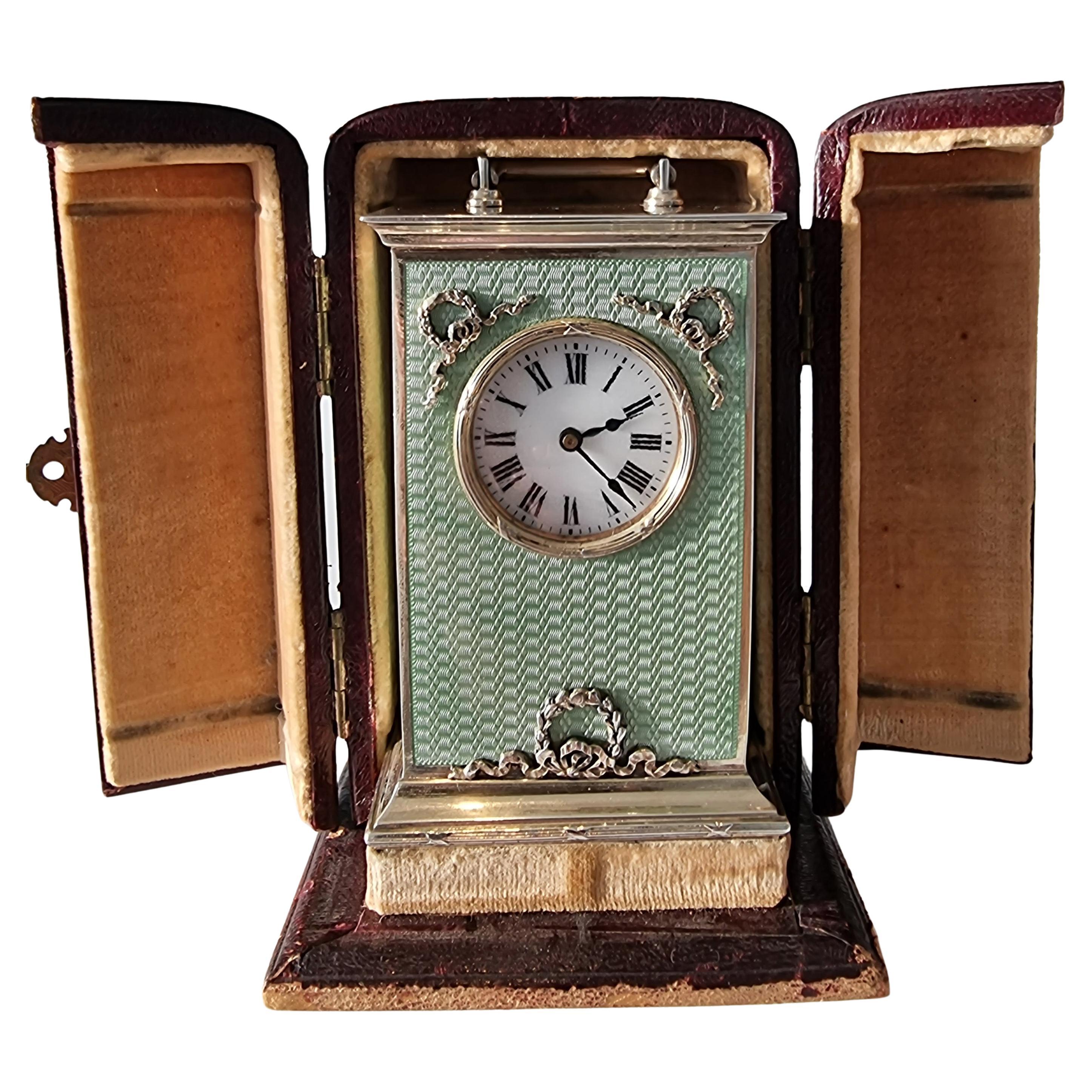 Silver and Green Guilloche Enamel Miniature Carriage Clock by Georg Adam Scheid For Sale