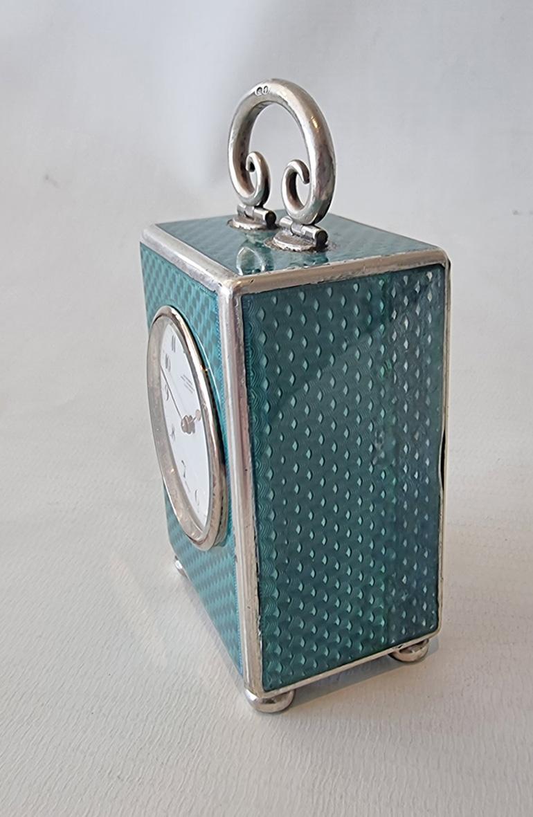 Silver and Guilloche enamel Miniature Carriage Clock by Asprey's In Fair Condition For Sale In London, GB