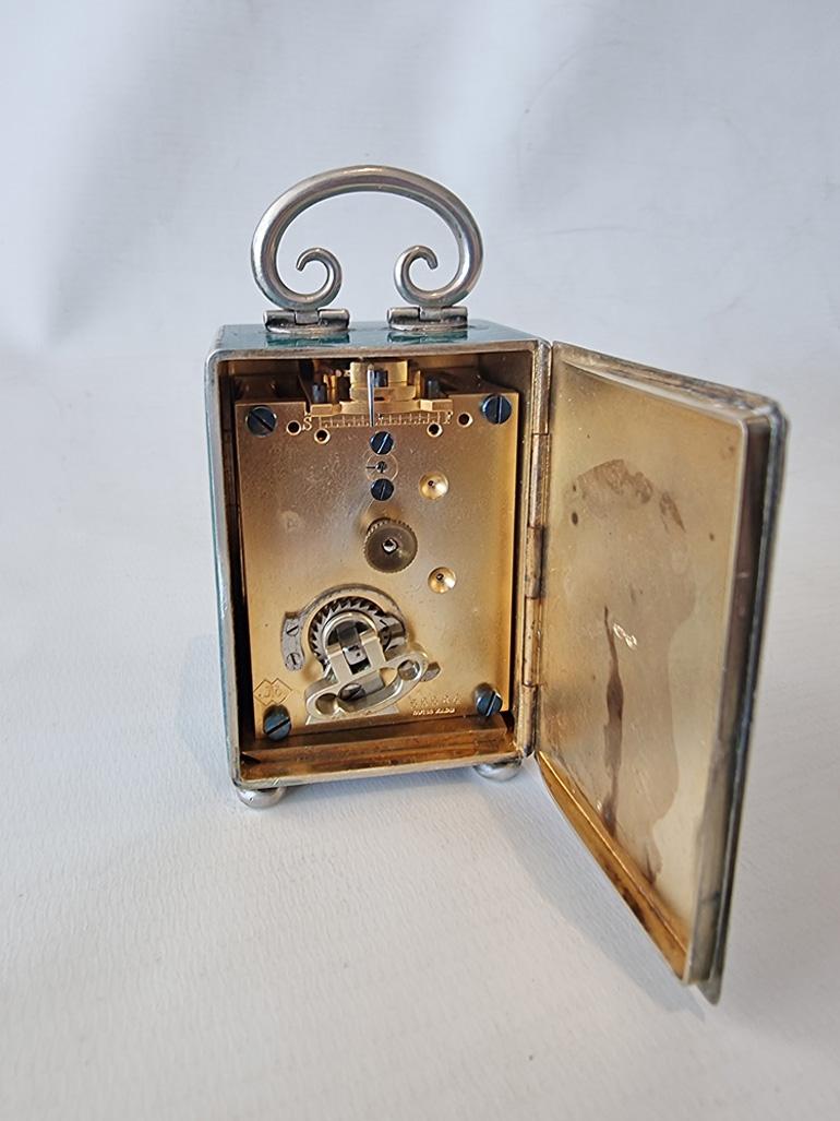 Early 20th Century Silver and Guilloche enamel Miniature Carriage Clock by Asprey's For Sale