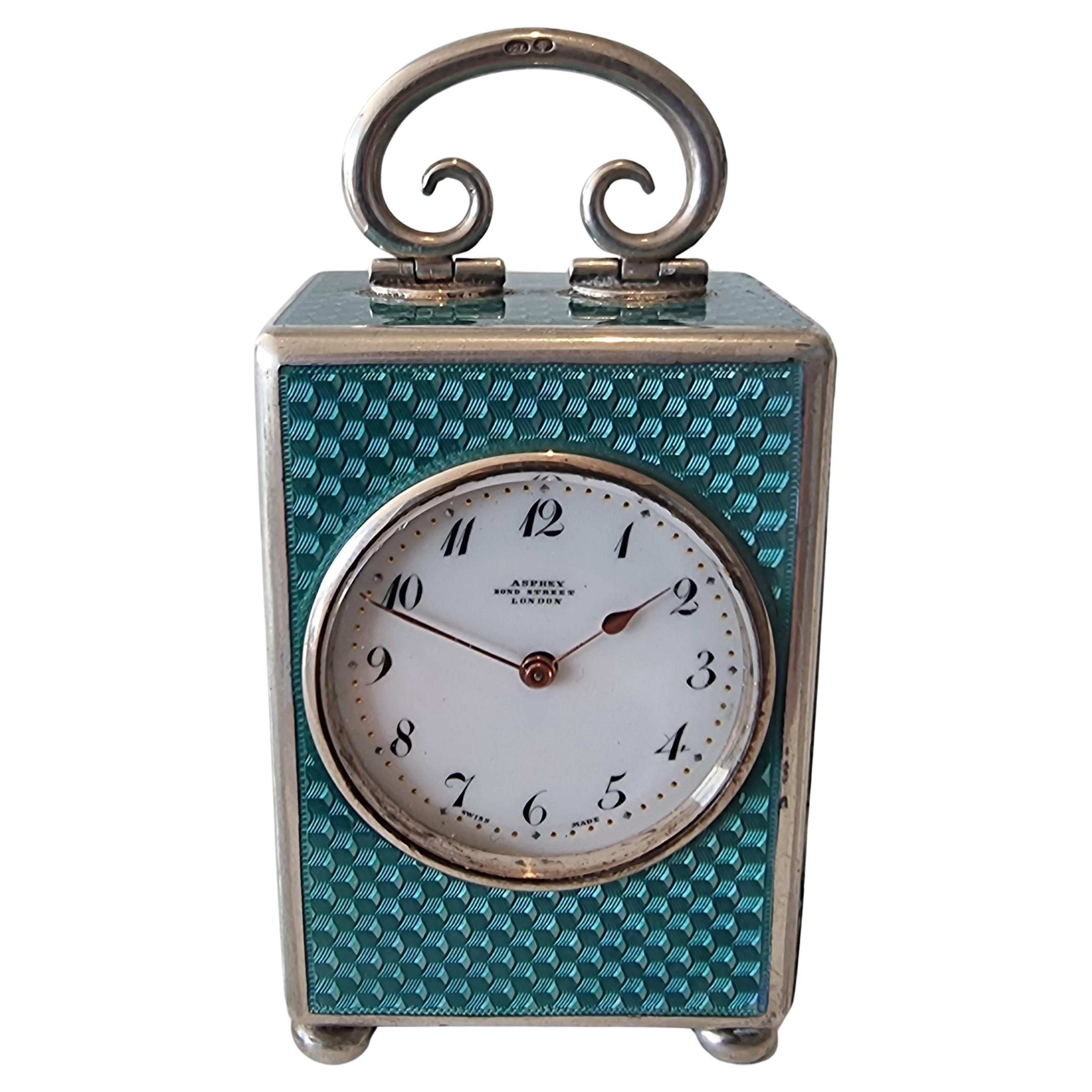 Silver and Guilloche enamel Miniature Carriage Clock by Asprey's For Sale