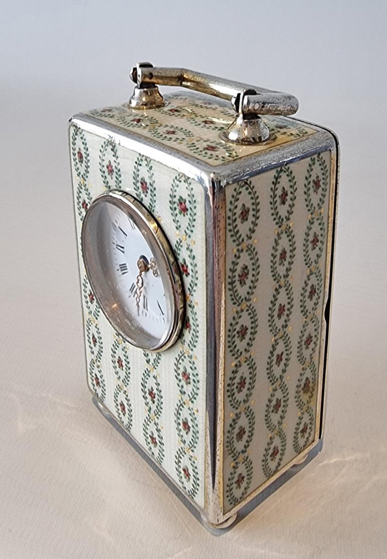 Silver and Guilloche Enamel Miniature Carriage Clock by Georg Adam Scheid In Good Condition In London, GB