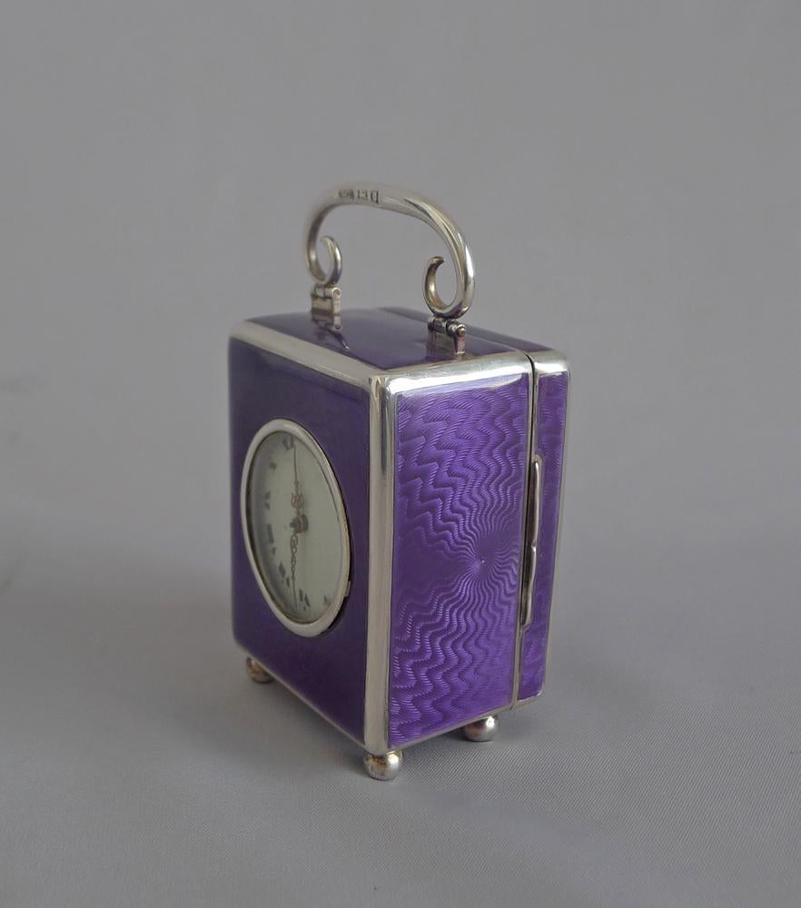 Swiss Silver and Guilloche enamel Miniature Carriage Clock by the Geneva Clock Company