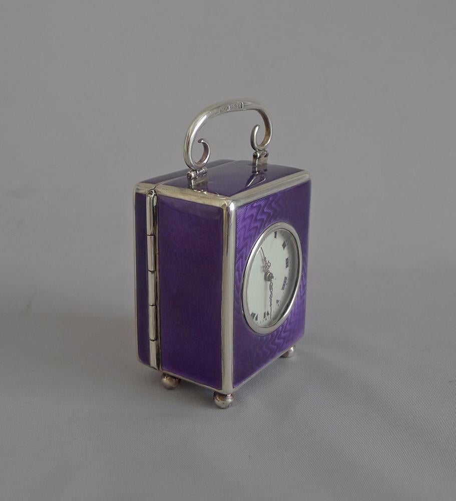 Silver and Guilloche enamel Miniature Carriage Clock by the Geneva Clock Company In Good Condition In London, GB