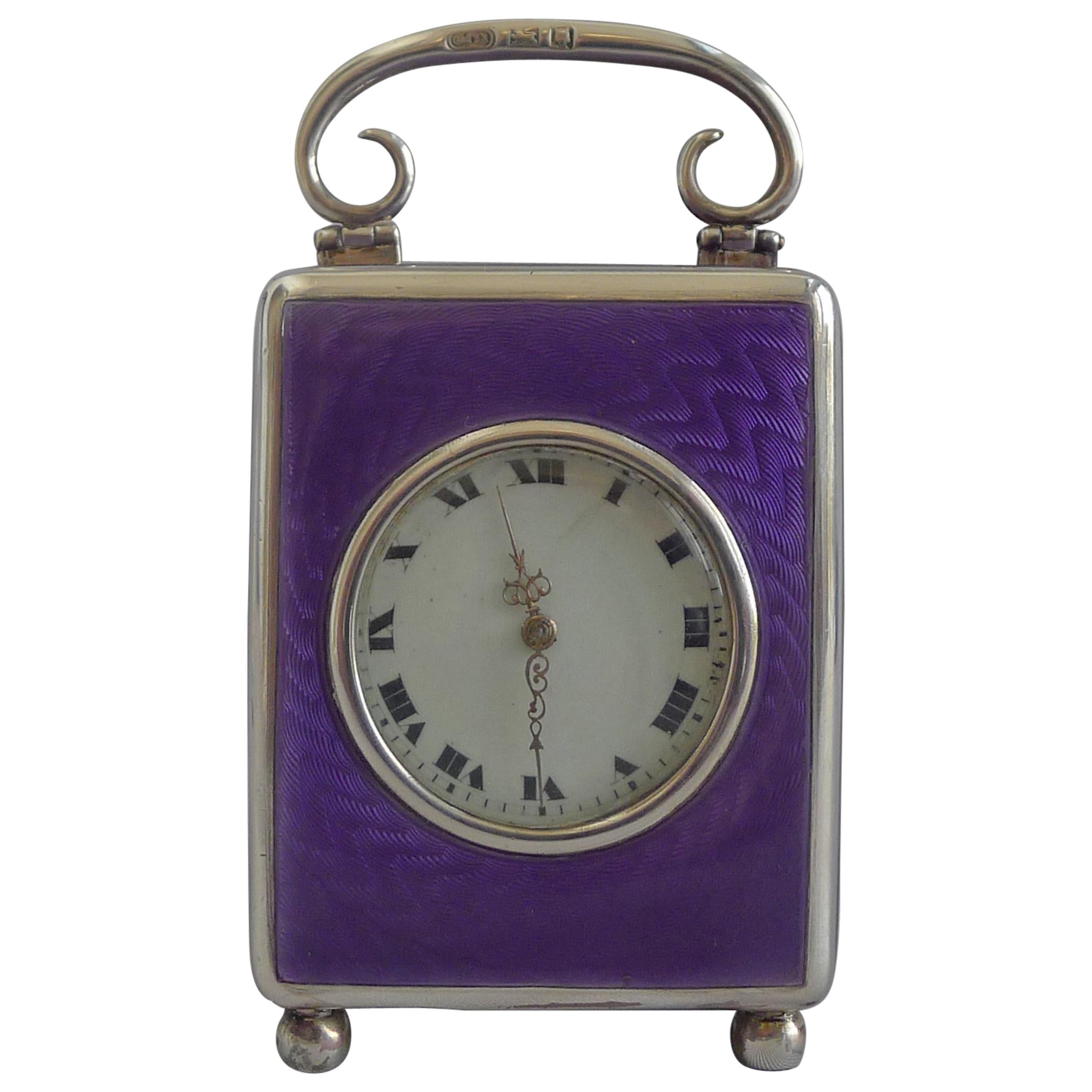 Silver and Guilloche enamel Miniature Carriage Clock by the Geneva Clock Company