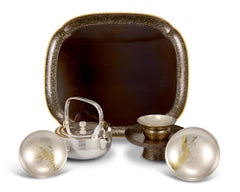 Silver and Lacquer Sake Set by Unno Shomin