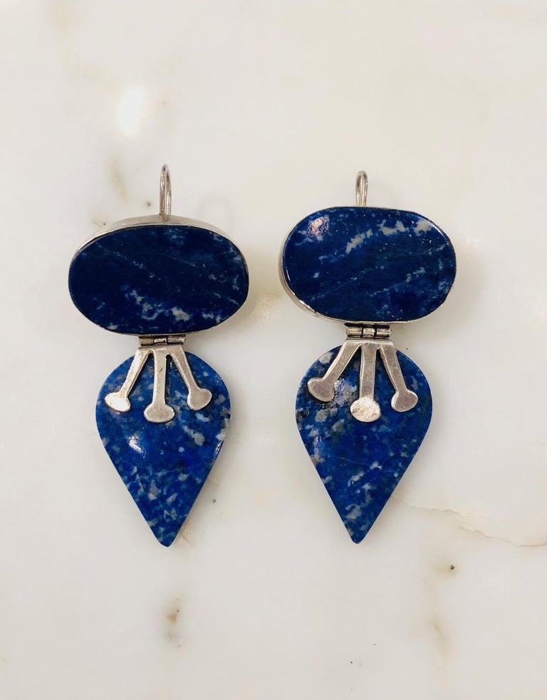 Mixed Cut Silver and Lapis Lazuli Earrings For Sale