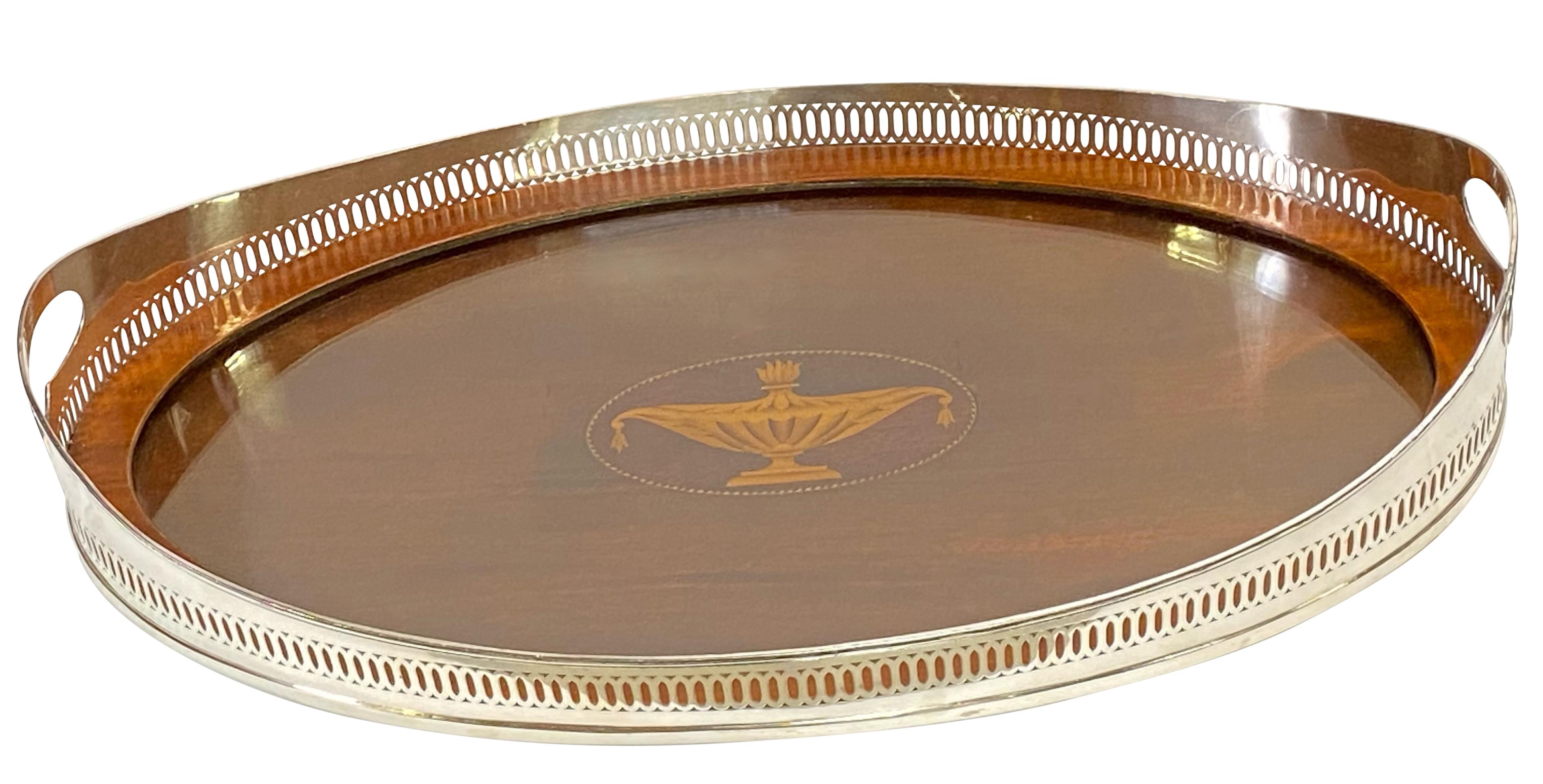 English Silver and Mahogany Gallery Serving Tray, England, circa 1920 For Sale