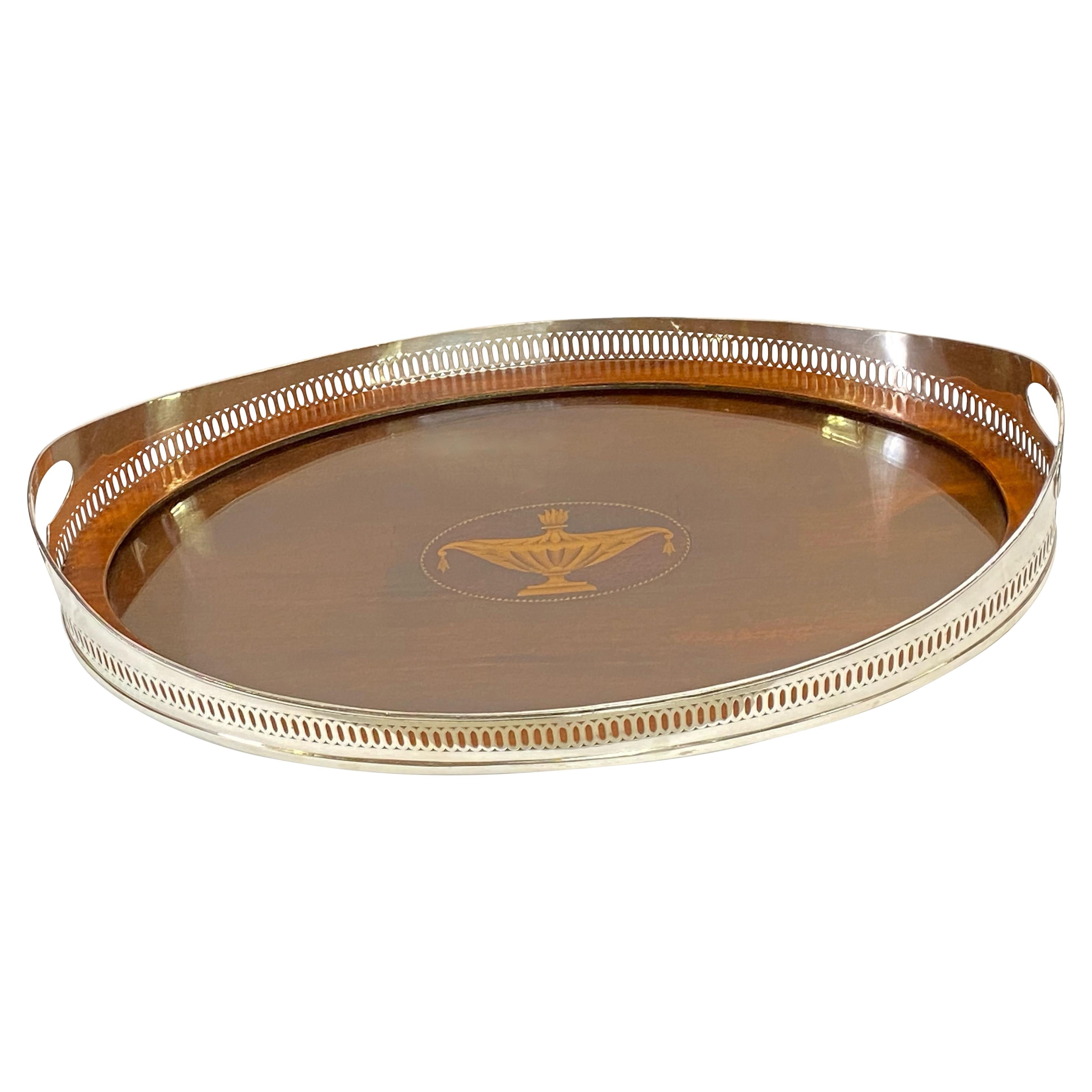 Silver and Mahogany Gallery Serving Tray, England, circa 1920 For Sale