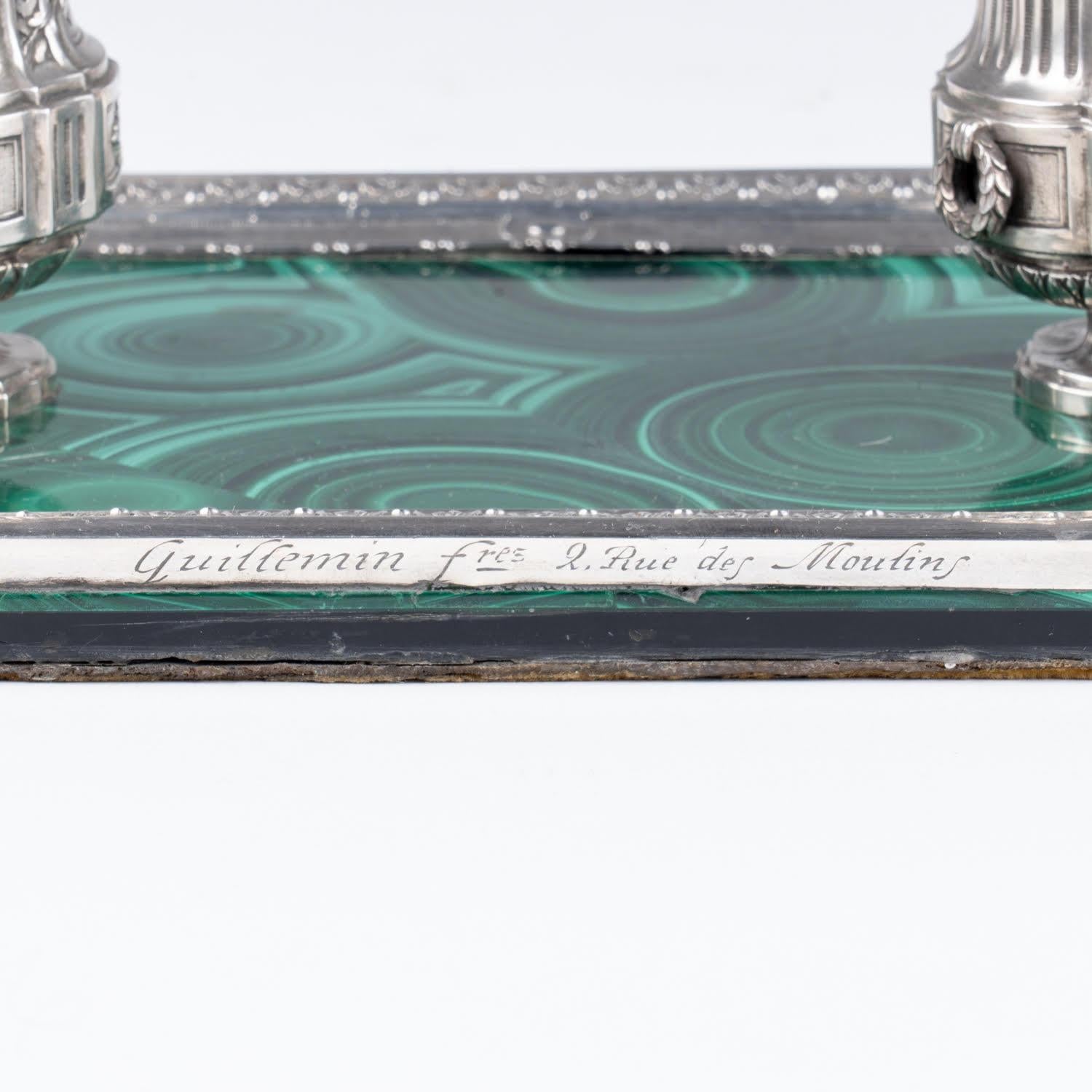 Calamaio da tavolo in argento e malachite di Guillemin Frères, stile Luigi XVI. in vendita 2