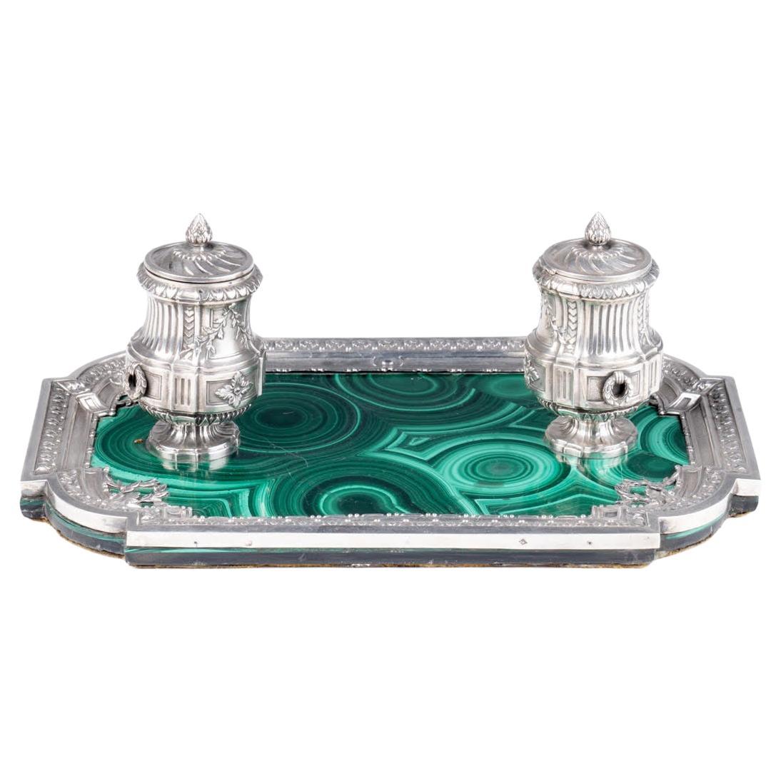 Calamaio da tavolo in argento e malachite di Guillemin Frères, stile Luigi XVI. in vendita