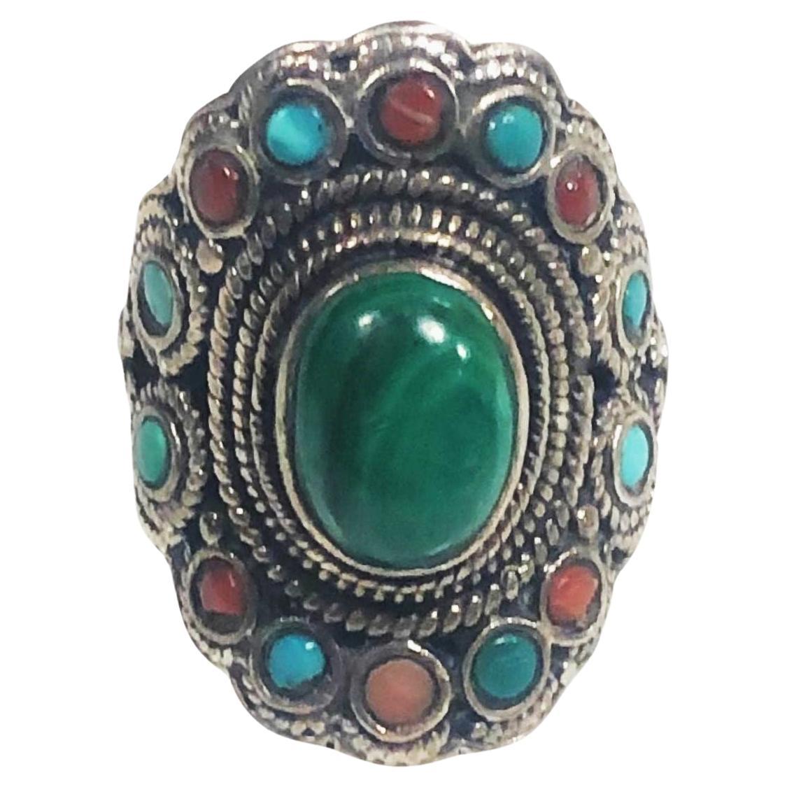 Silver and Malachite Gemstone Ring Size 9.5