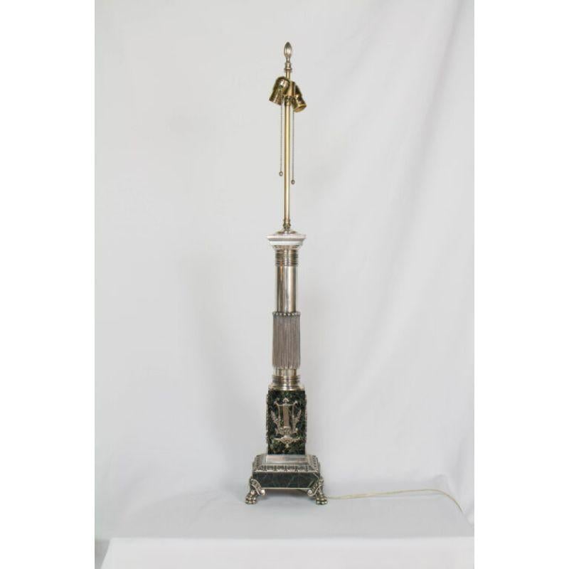 Silver and Marble Neoclassical Tall Table Lamp In Good Condition For Sale In Canton, MA