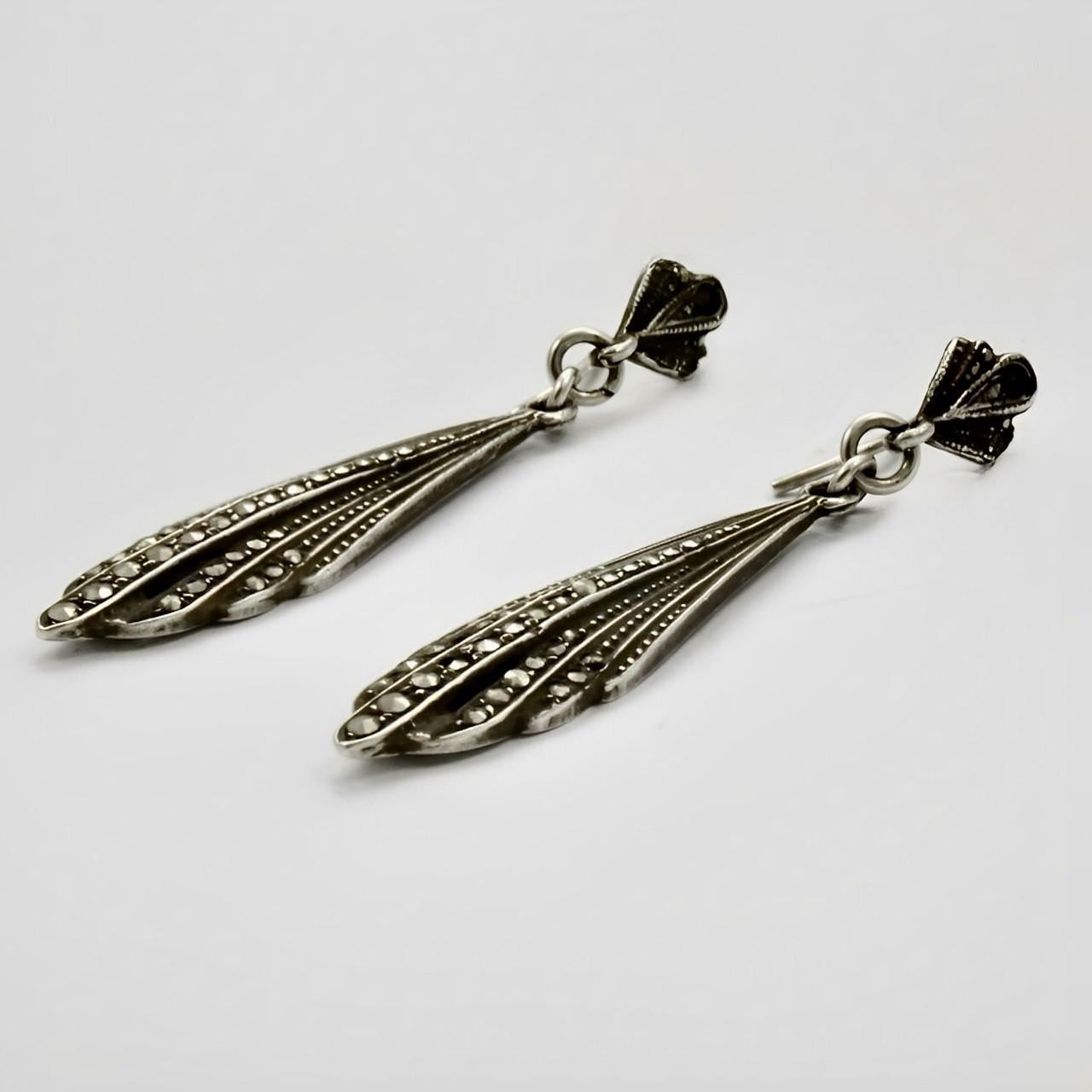 Round Cut Silver and Marcasite Drop Earrings For Sale