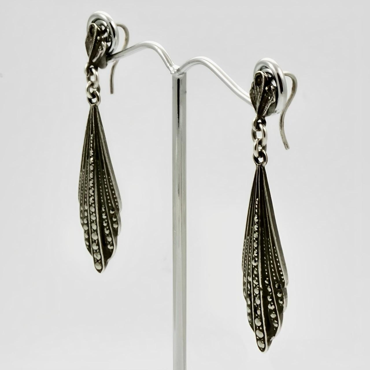 Women's or Men's Silver and Marcasite Drop Earrings For Sale
