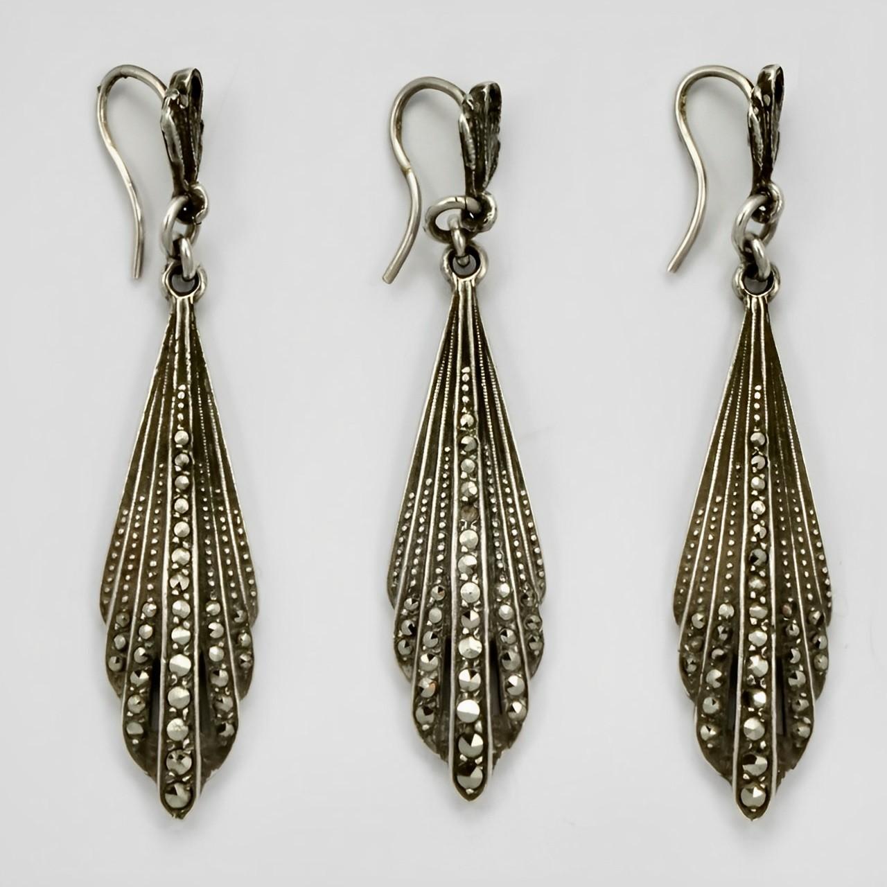 Silver and Marcasite Drop Earrings For Sale 2