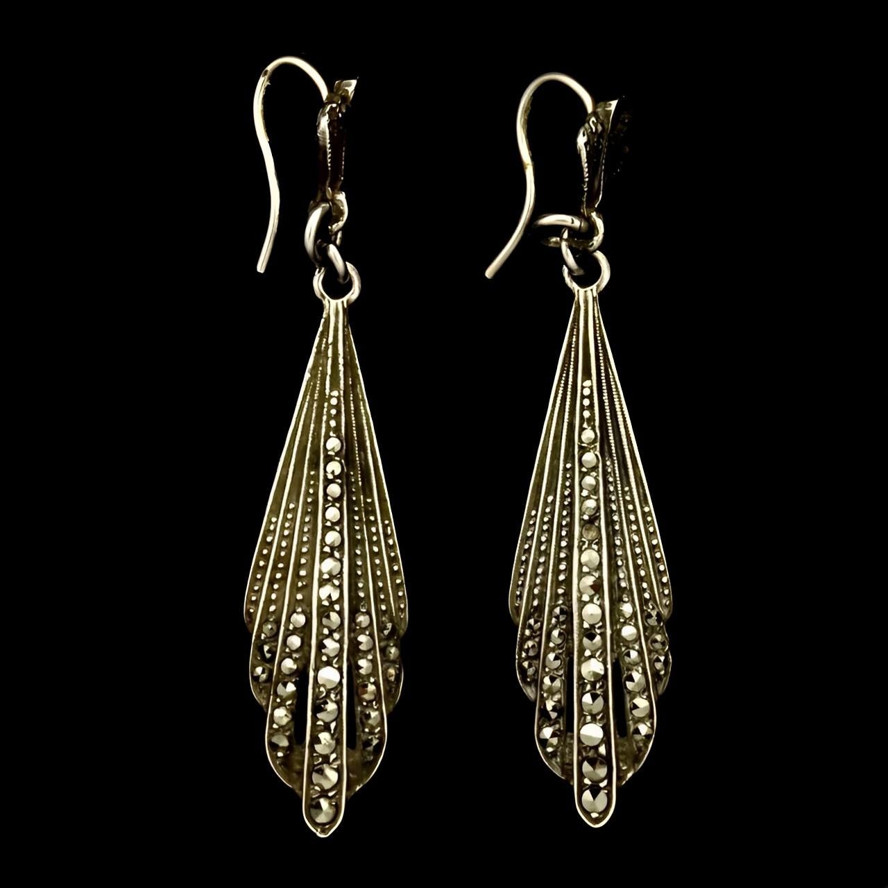 Silver and Marcasite Drop Earrings For Sale 3