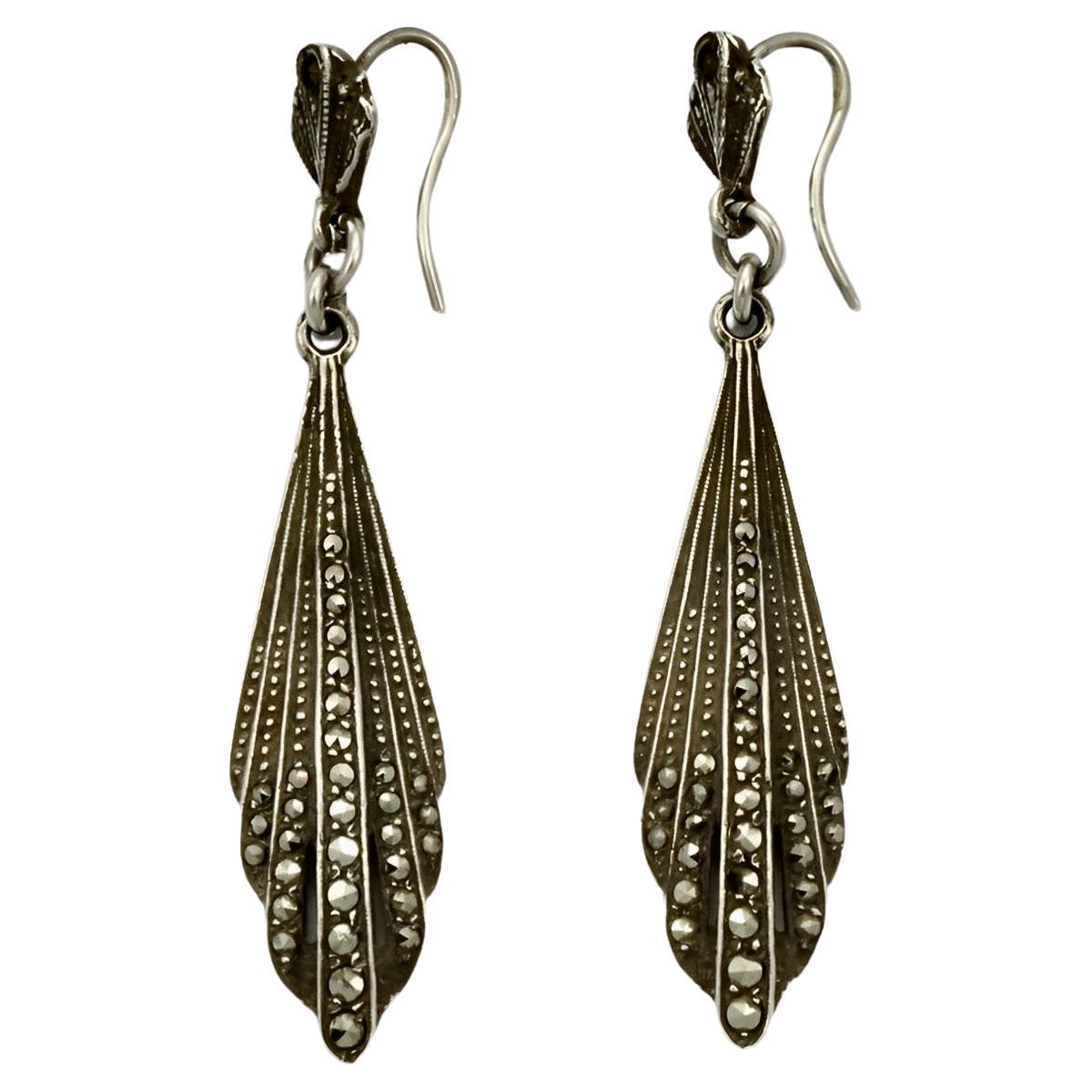 Silver and Marcasite Drop Earrings For Sale
