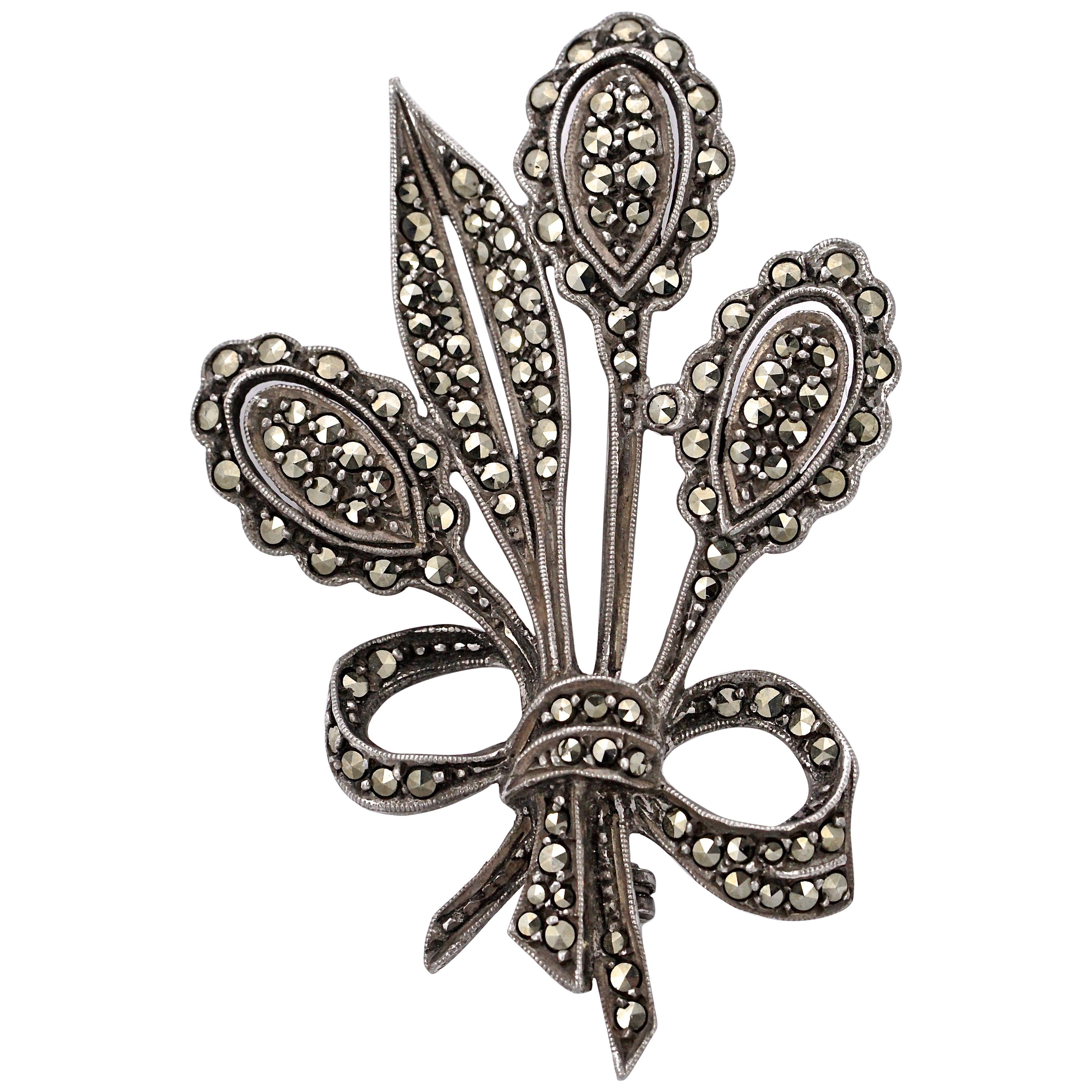 Silver and Marcasite Flower and Bow Brooch circa 1930s