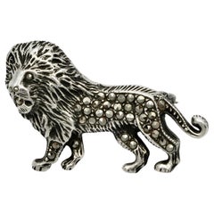 Vintage Silver and Marcasite Lion Brooch circa 1930s