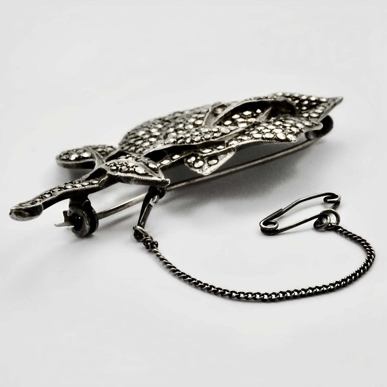 Women's or Men's Silver and Marcasite Rose Brooch circa 1930s For Sale