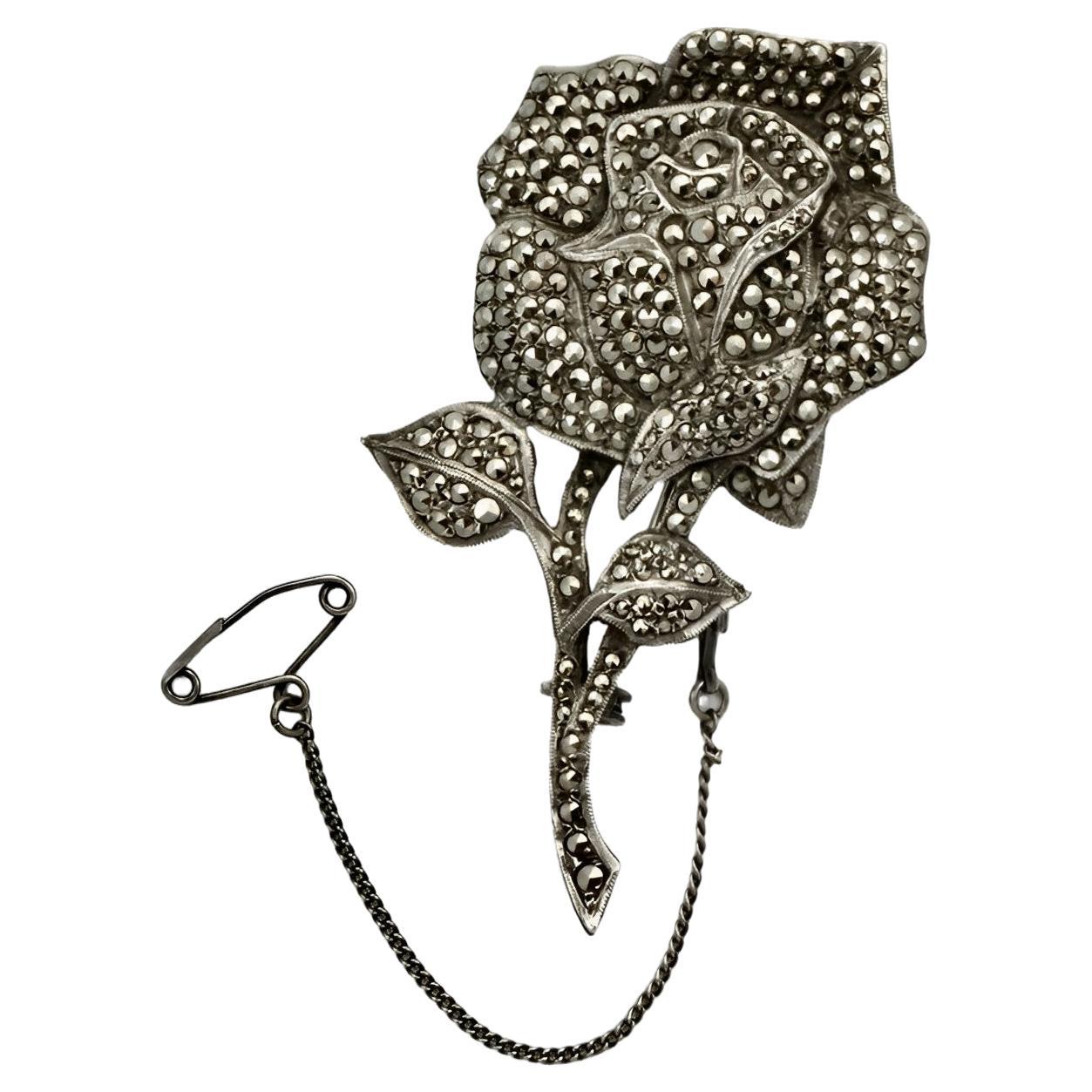 Silver and Marcasite Rose Brooch circa 1930s For Sale