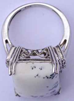 Silver and Merlinite White Moss Agate Ring with Clear Rhinestones, circa 1990s