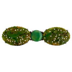 Silver and Metal Stick Carved Nephrite Jade Bowtie Pin