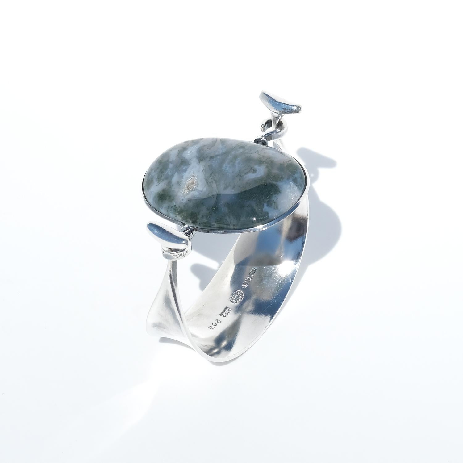 Cabochon Silver and Moss Agate Bracelet by Vivianna Torun Bülow-Hübe for Georg Jensen