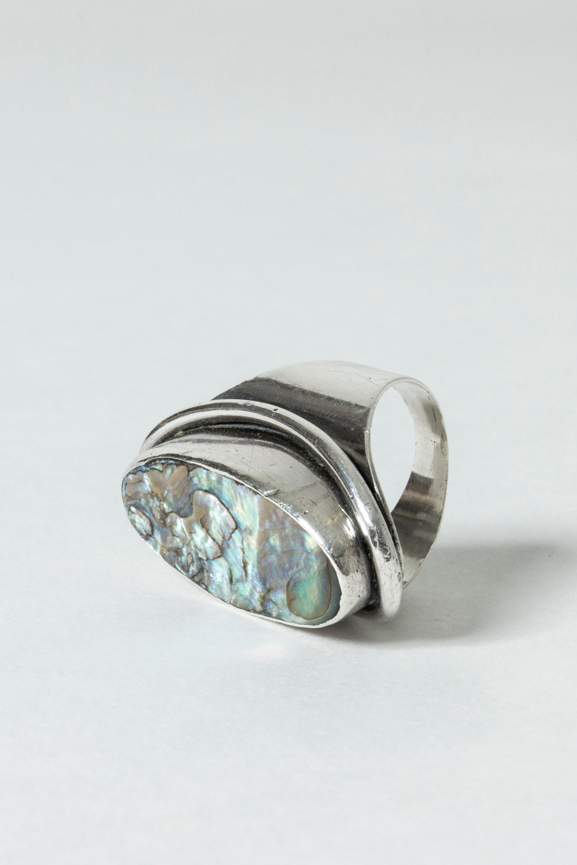Modernist Silver and Mother of Pearl Ring by Carl Ove Frydensberg, Denmark, 1960s