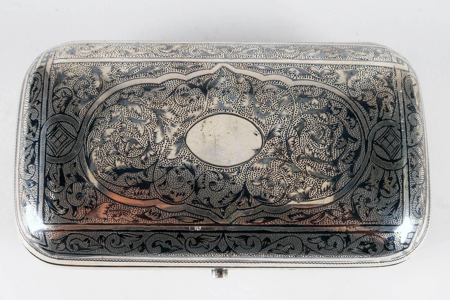 19th Century Silver and niello tobacco box, Moscow, Russia 1879.  For Sale