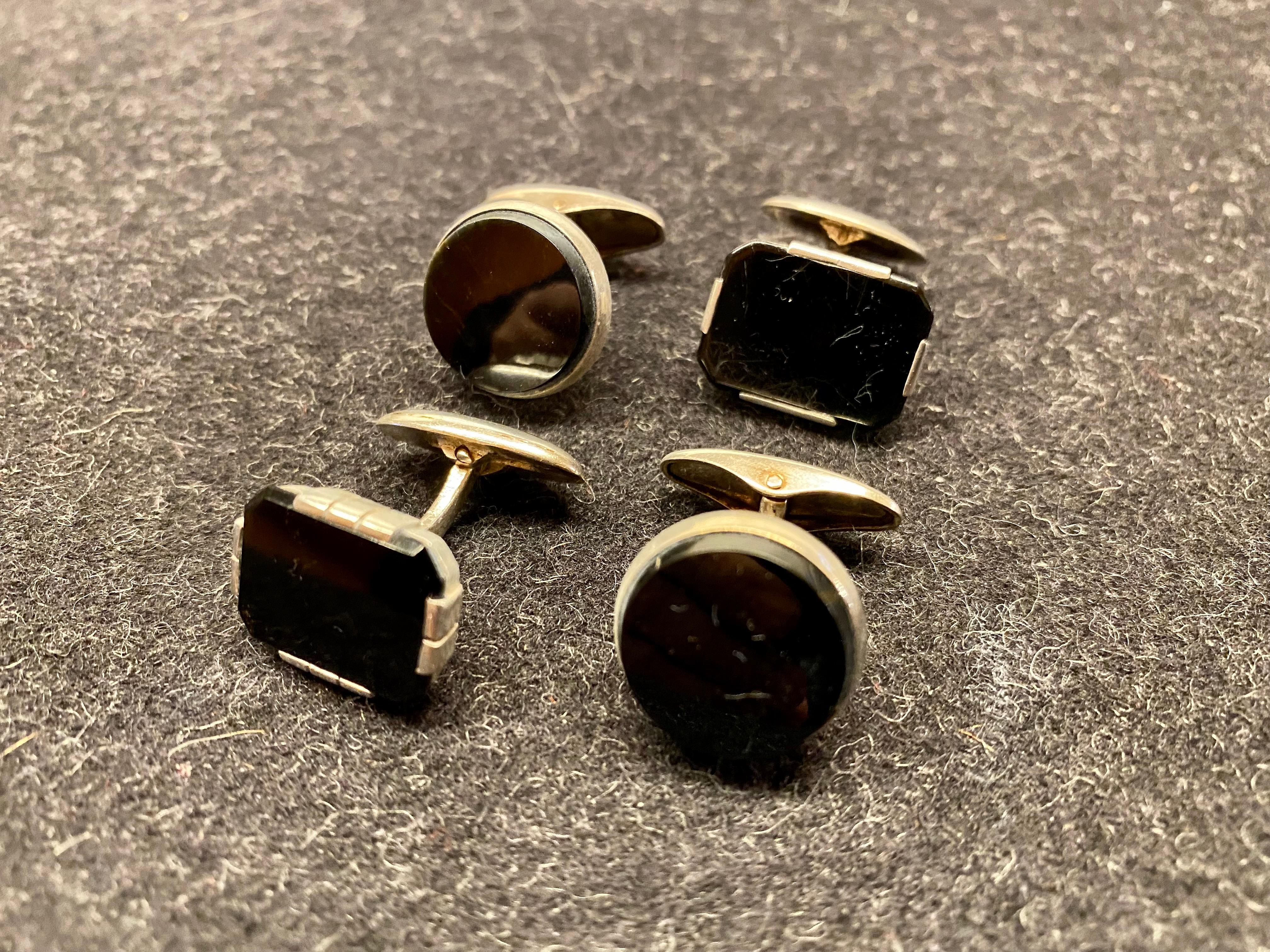 Silver and Onyx 2 Pair of Cufflinks Finland  Scandinavian Modern 
Silver 813H
Really great.
and 
Maker Square 1.9cm 
Lahti 1956 Jalosepot Oy Jase 1950-1994
Maker Round 1.6cm wide.
Helsinki Osvald Mättö 1966 OM 1952-1982
Round initials RJ