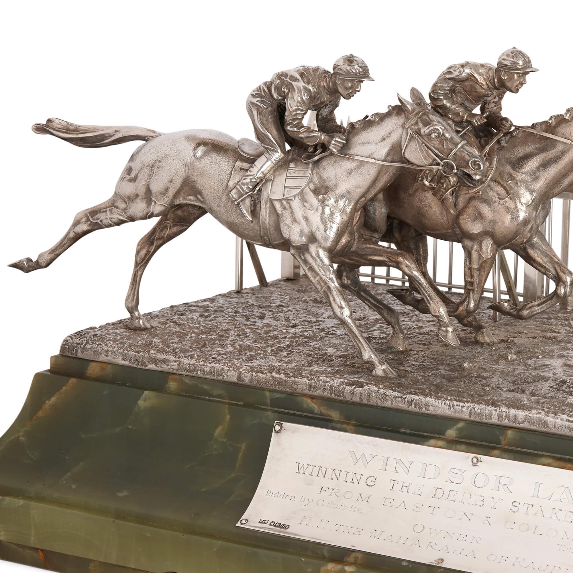 English Silver and Onyx Horse Racing Sculpture by Mappin and Webb  For Sale
