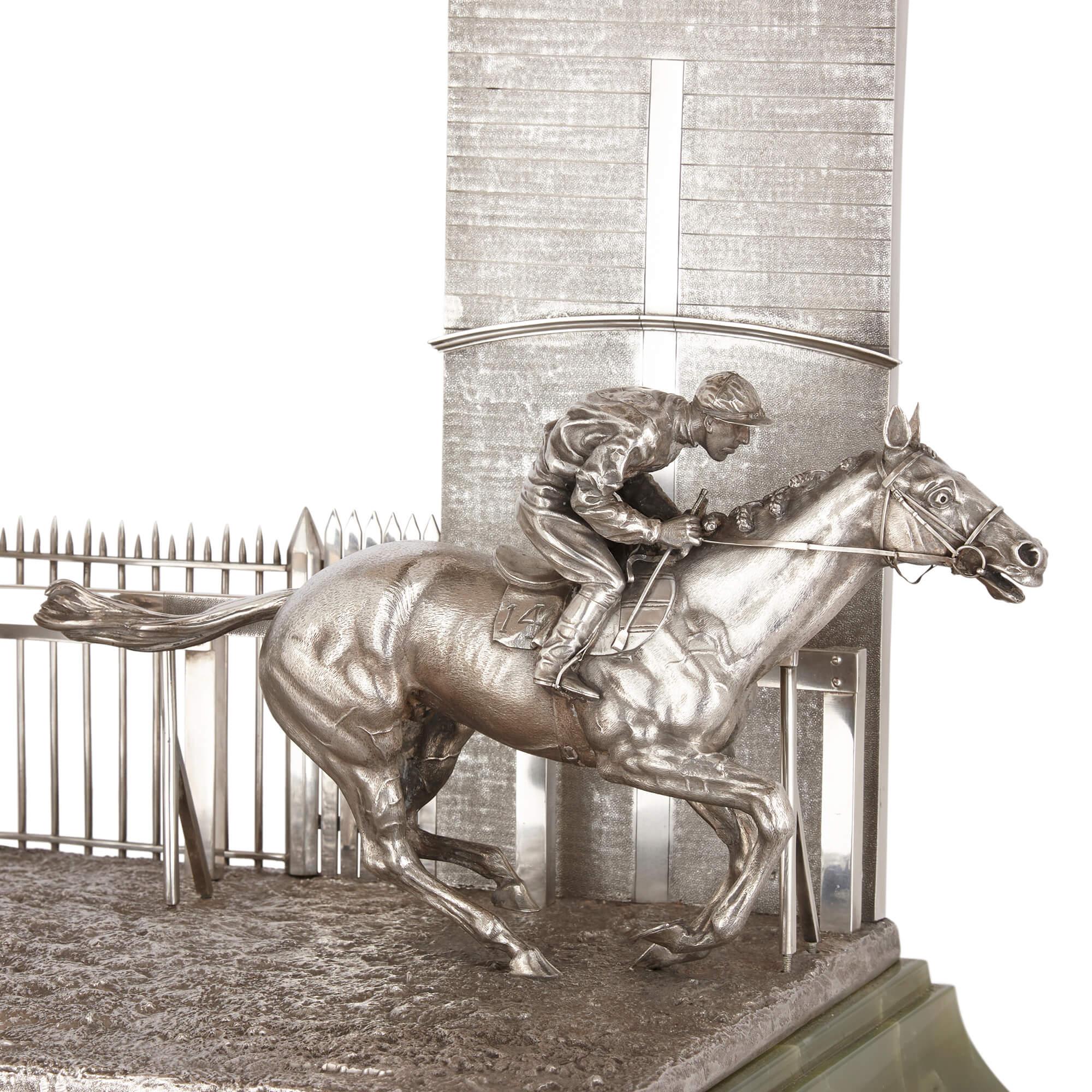 Silver and Onyx Horse Racing Sculpture by Mappin and Webb  In Good Condition For Sale In London, GB