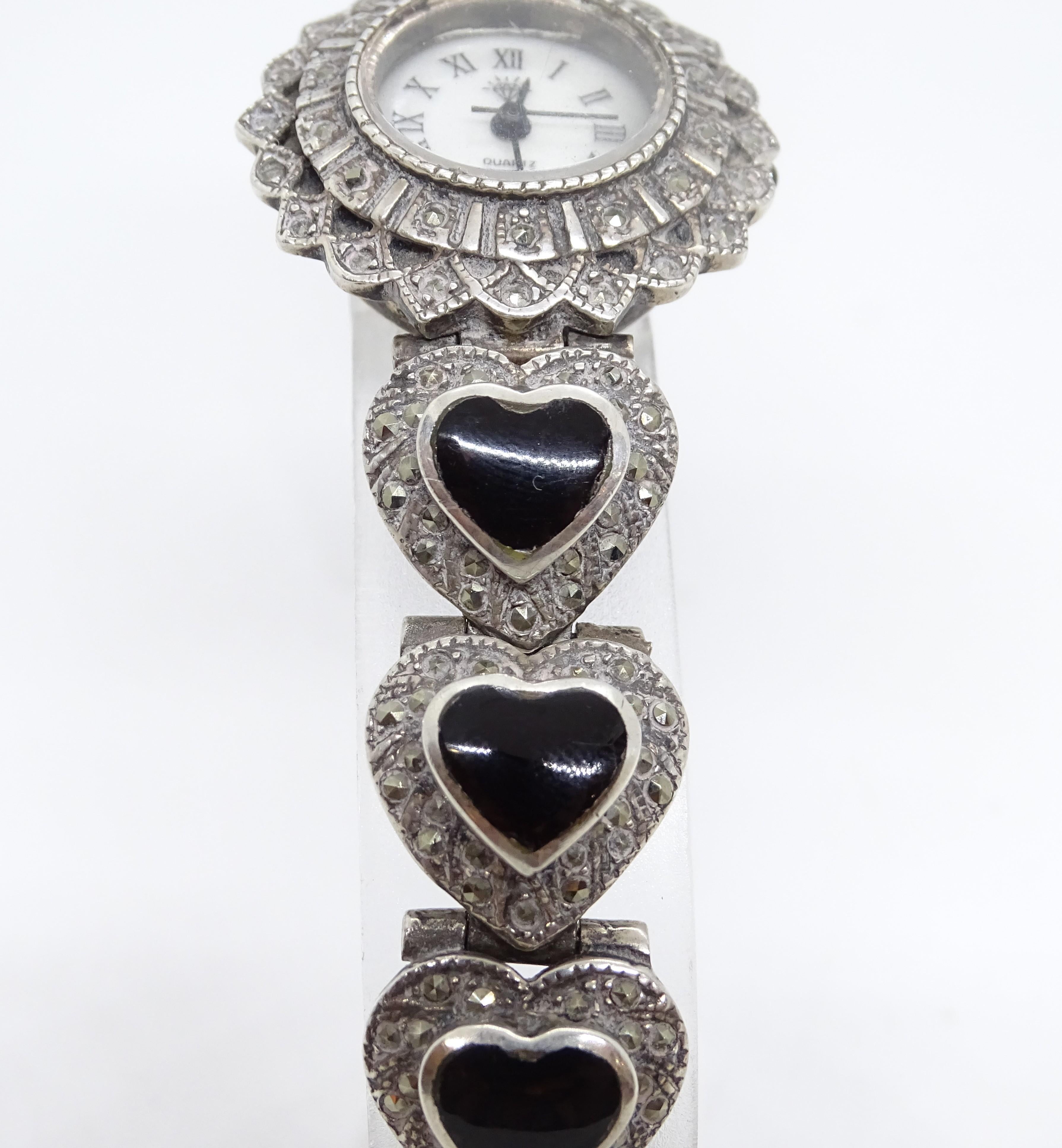 Heart Cut Silver and onyx watch for women - Vintage, s. XX For Sale