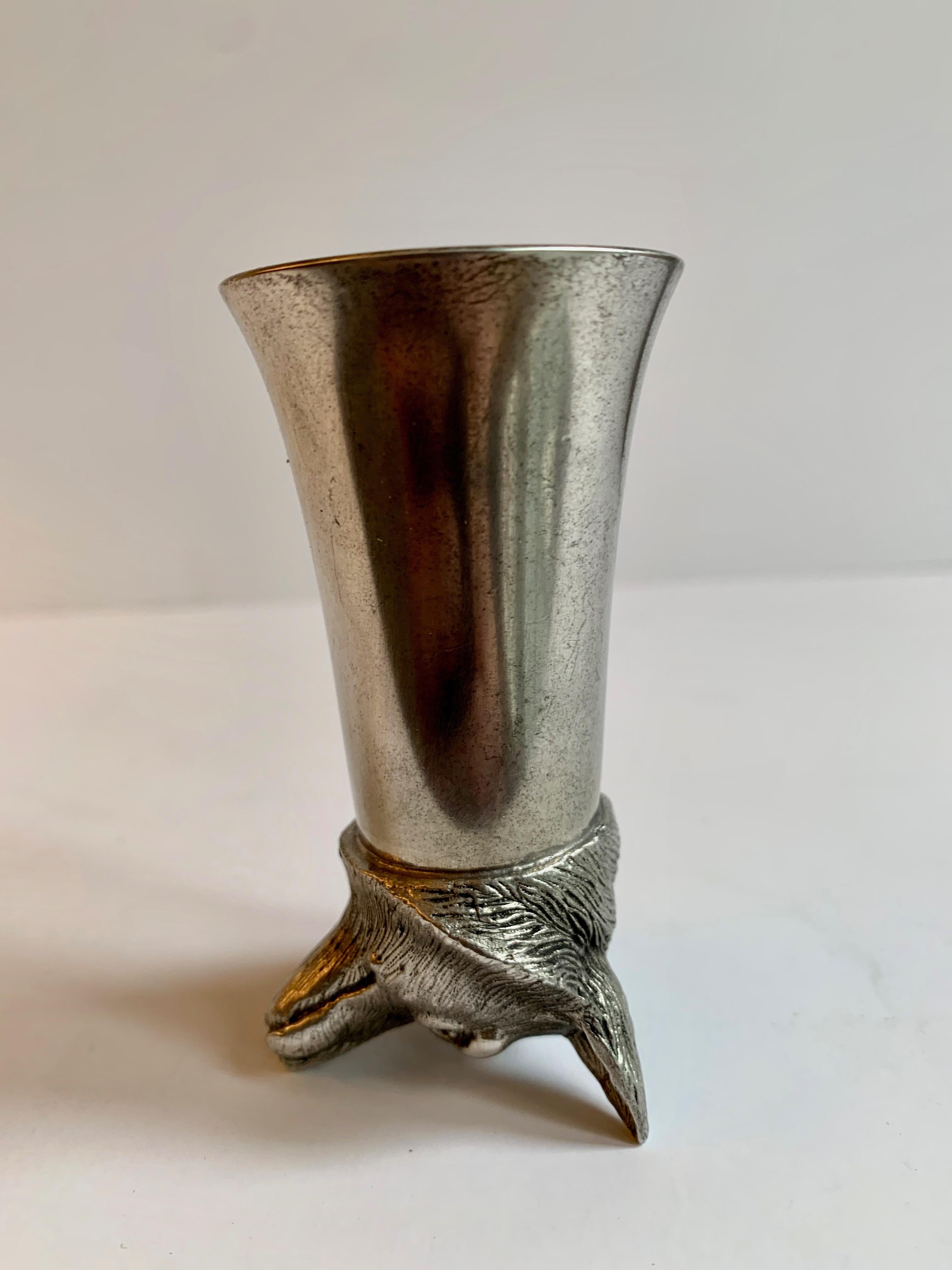 Wonderful for the bar, this unique piece sits right side up as a decorative fox, but turned over is a very useful bar style Jigger. Fox is pewter, the jigger silver plated.