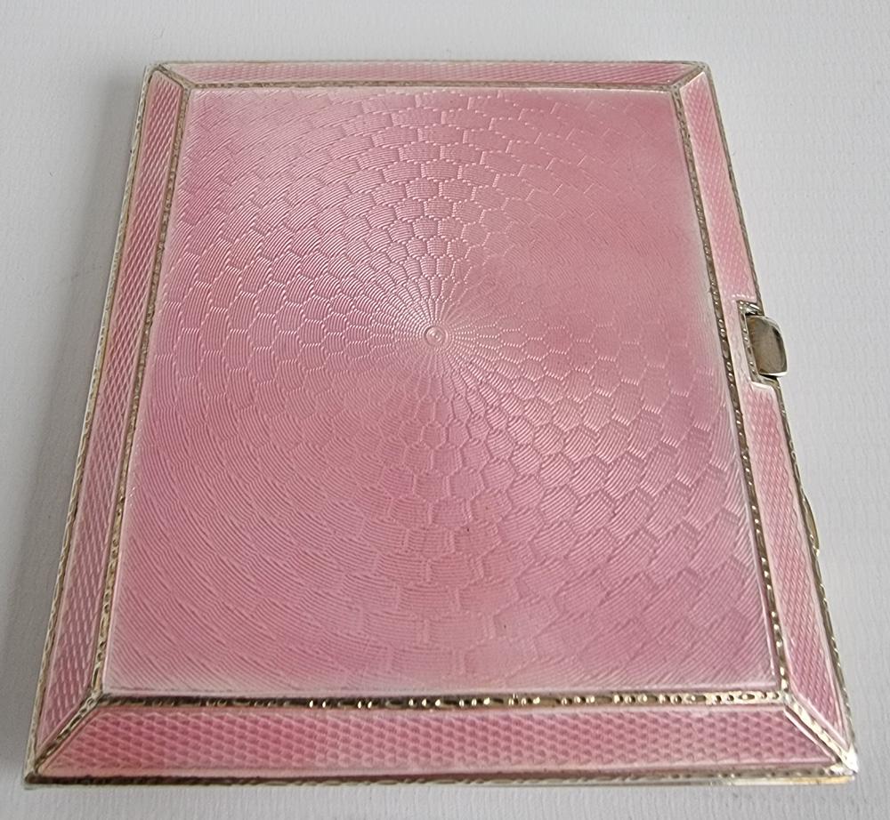 English Silver and Pink Guilloche Enamel Art Deco Cigarette Case