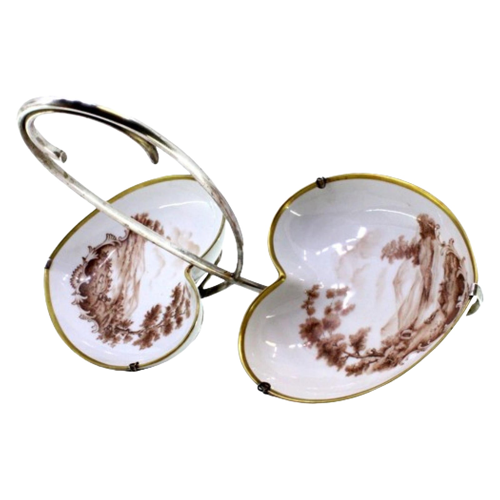 Silver and porcelain spice rack with painted country motifs