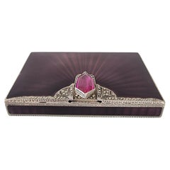 Caja de rapé o tarjetero de plata y esmalte guilloché morado de George Stockwell & Co