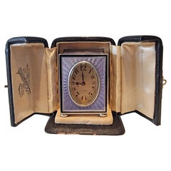 Antique Silver and Purple Guilloche Enamel Sub miniature Carriage Alarm Clock by Eterna
