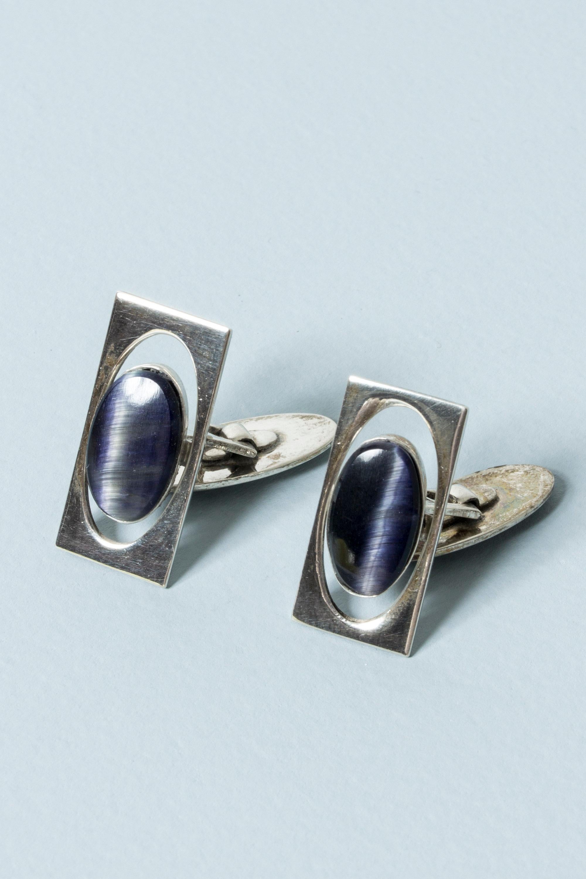 Women's or Men's Silver and Purple Stone Modernist Cufflinks from Kaplans, Sweden, 1963